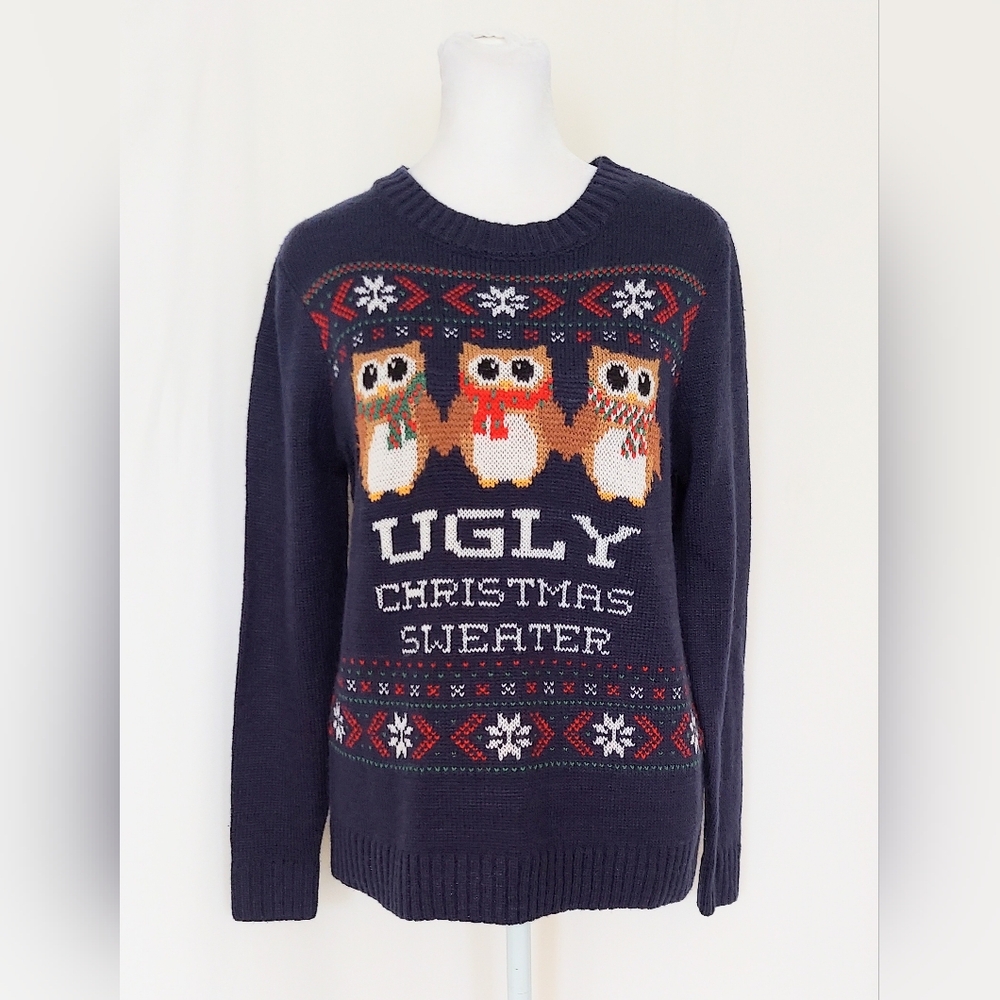 Belle Du Jour Ugly Christmas Sweater Owls Blue Size XS